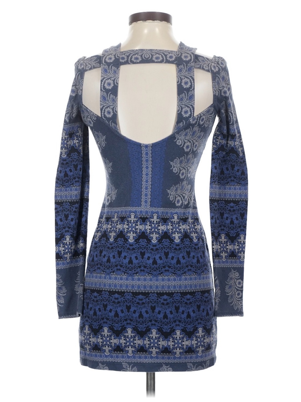 Blue Patterned Cold-Shoulder Mini Dress - Picture 2 of 4